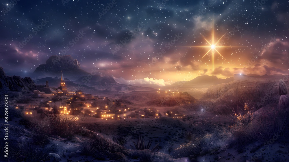 Naklejka premium A beautiful starlit night in a small desert town, illuminated by a bright star and glowing lights.
