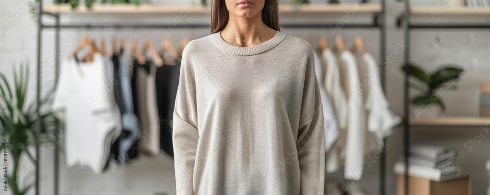 Naklejka premium Model displaying a new collection with realtime customer reviews and ratings overlay, ecommerce fashion, interactive shopping experience