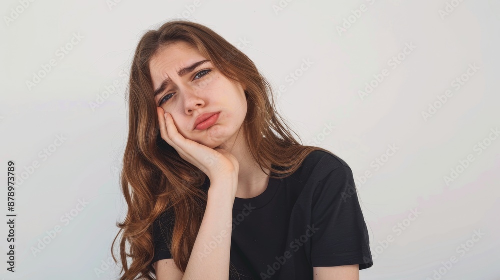 A girl feeling toothache holding her cheek in pa on white background. A girl feeling toothache holding her cheek in pa on white background.