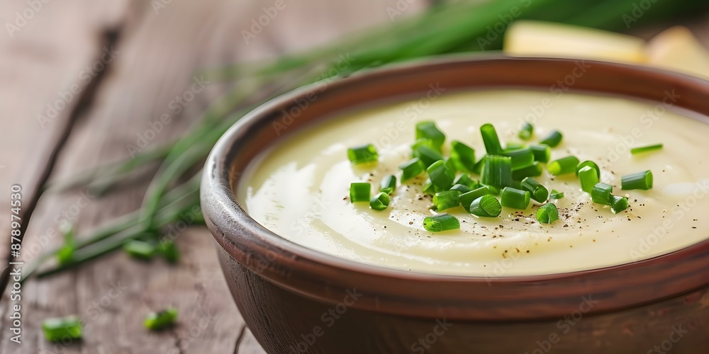 Creamy potato soup topped with fresh chives in a rustic bowl. Concept Creamy Potato Soup, Fresh Chives, Rustic Bowl, Comfort Food, Homemade Recipe Creamy potato soup topped with fresh chives in a rustic bowl. Concept Creamy Potato Soup, Fresh Chives, Rustic Bowl, Comfort Food, Homemade Recipe