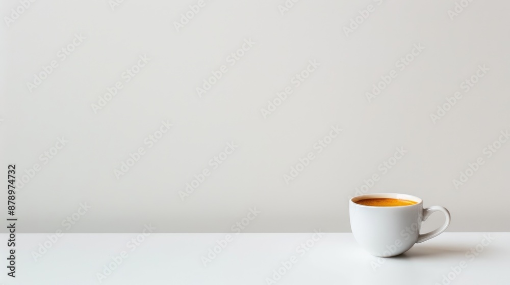Coffee cup placed on white tabletop with available space for text Coffee cup placed on white tabletop with available space for text