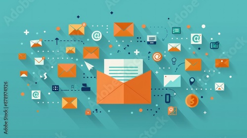 Flat design illustration of a targeted email marketing campaign. The image includes an email inbox with a promotional email highlighted, surrounded by marketing icons like envelopes and click-through photo