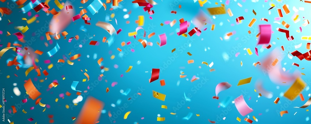 Blurred blue background featuring colorful falling confetti, ideal for a festive and party concept with room for text. Blurred blue background featuring colorful falling confetti, ideal for a festive and party concept with room for text.