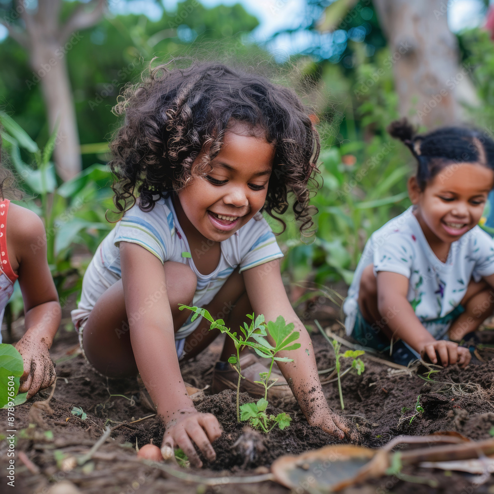 photo of a four happy child planting trees or working in community garden photo of a four happy child planting trees or working in community garden