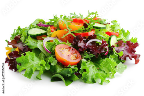 A colorful salad with mixed greens and vegetables on a white background