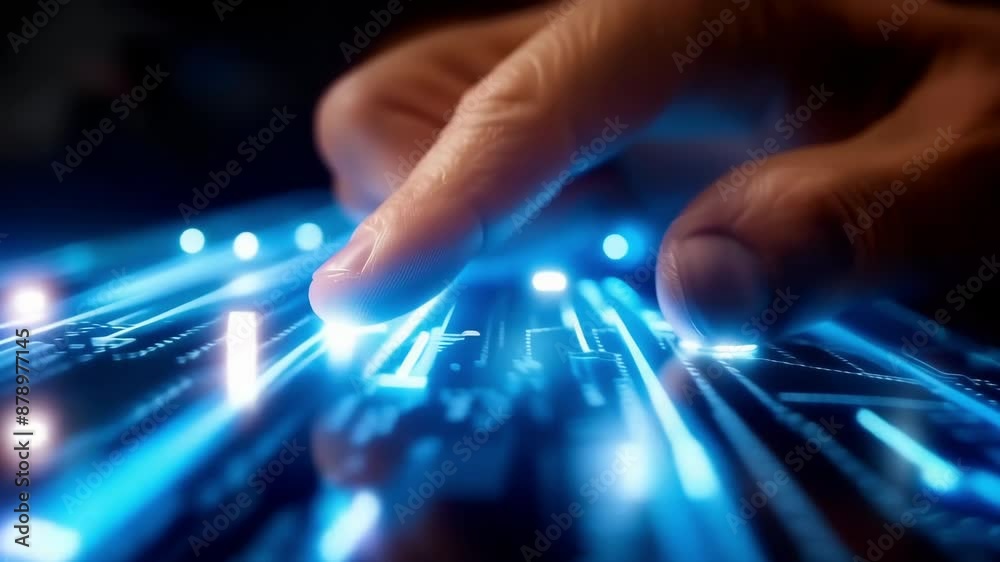 Close-up of a hand interacting with digital technology interface, illustrating innovation and futuristic concepts in the tech world. Close-up of a hand interacting with digital technology interface, illustrating innovation and futuristic concepts in the tech world.