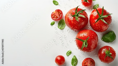 Fresh Red Tomatoes with Basil on a White Background