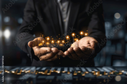 Business man holding arrow data