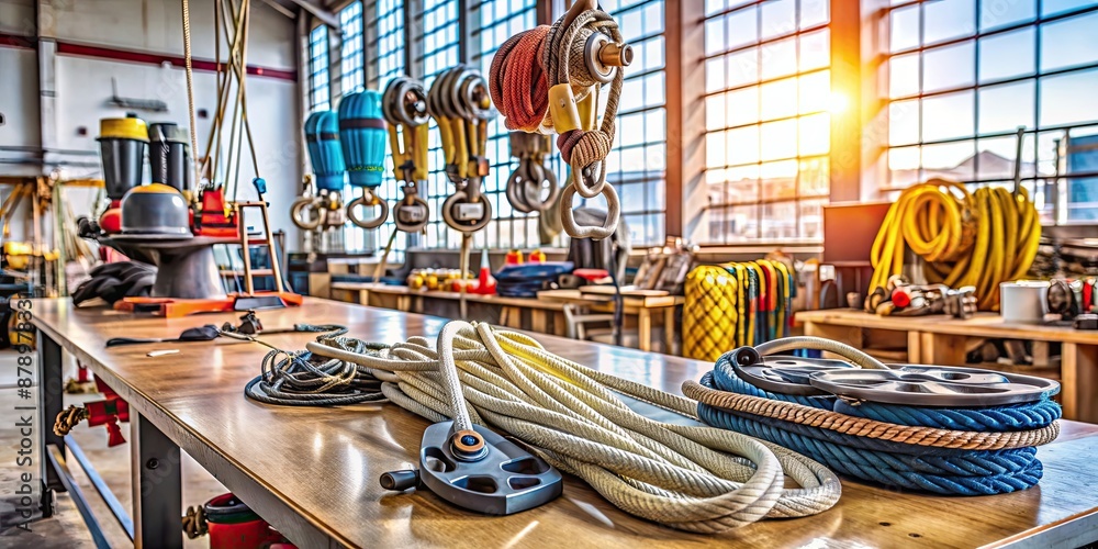 Various rigging equipment neatly displayed on a table in a well-lit workshop , rigging, equipment, table, workshop, industry