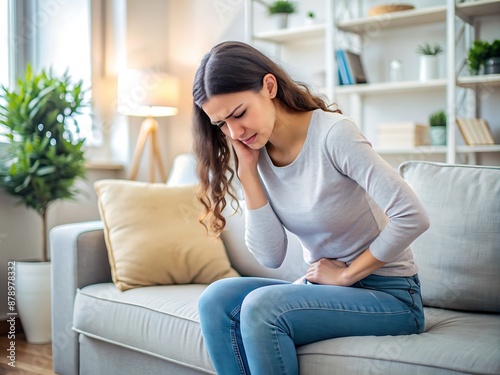 Woman suffering from stomach pain sitting on sofa. Free Download Woman suffering from stomach pain sitting on sofa. - GFXLoad