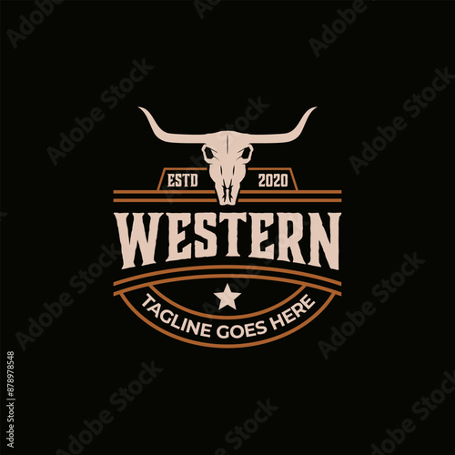 longhorn bull texas skull logo with western wild retro illustration style.