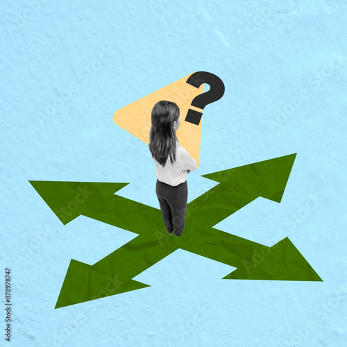 A businesswoman with a question mark on her head is confused about choosing the arrow path