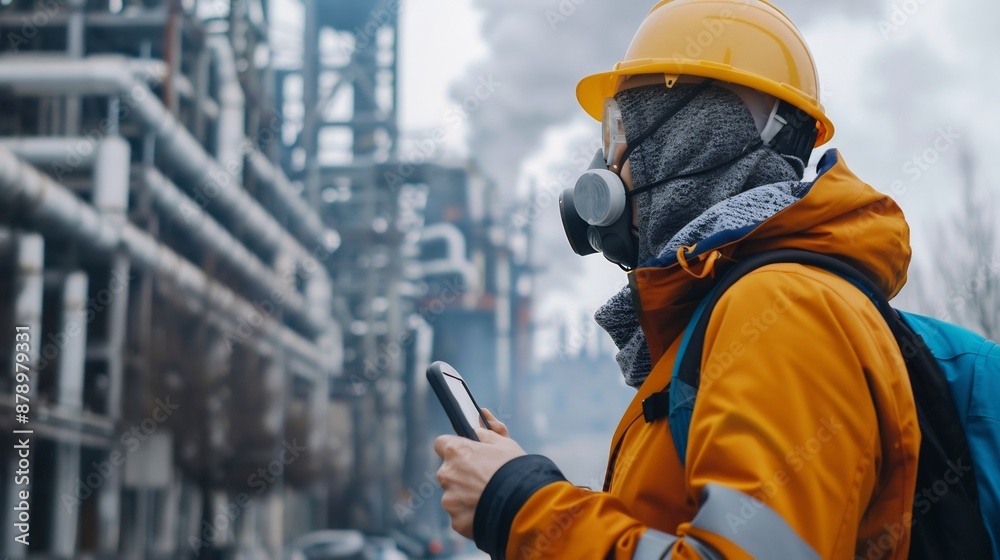 Industrial Worker in Protective Gear Checks Phone Industrial Worker in Protective Gear Checks Phone