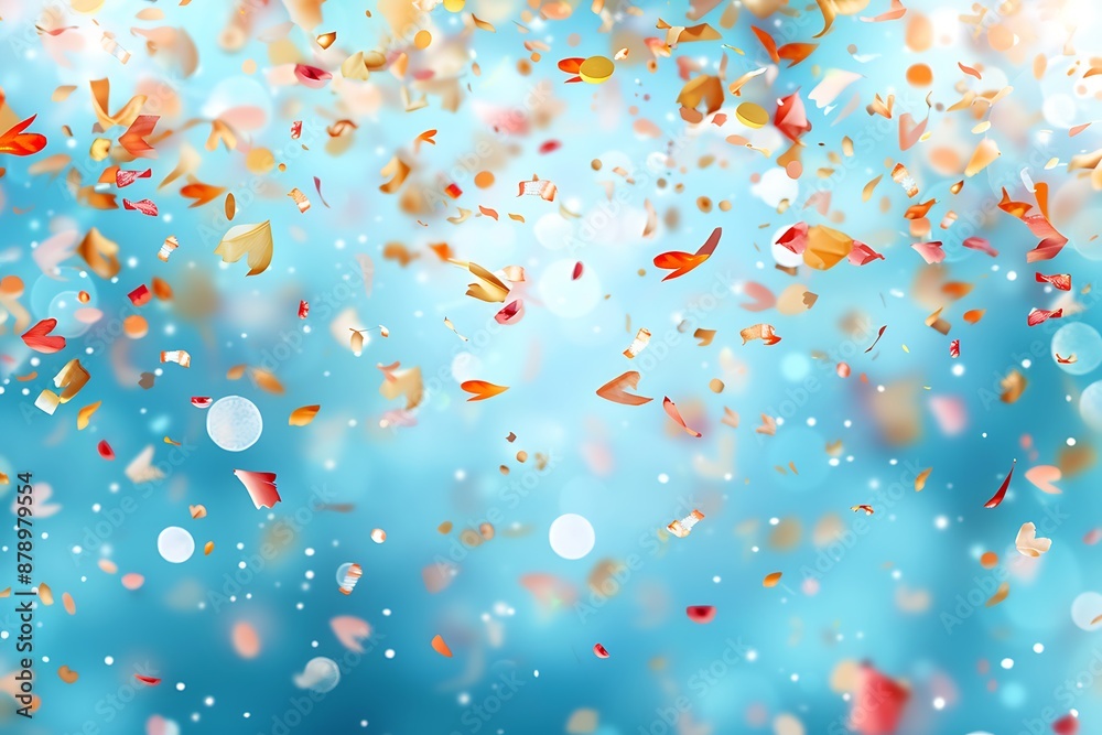 Confetti falling against a blurred blue background, providing a festive and party vibe with space for text. Confetti falling against a blurred blue background, providing a festive and party vibe with space for text.