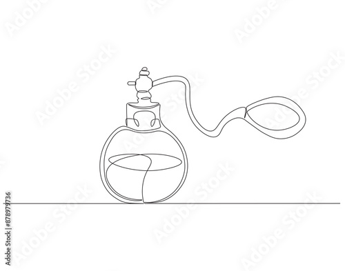 Continuous one line drawing of perfume spray bottle. One line drawing illustration of vintage perfume spray. Cosmetic concept one line. Editable outline.