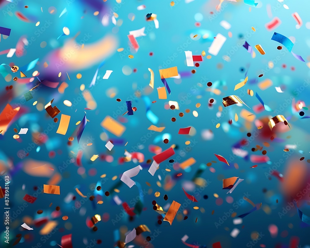Festive and party-themed blurred blue background featuring falling confetti, perfect for concepts with ample space for text. Festive and party-themed blurred blue background featuring falling confetti, perfect for concepts with ample space for text.