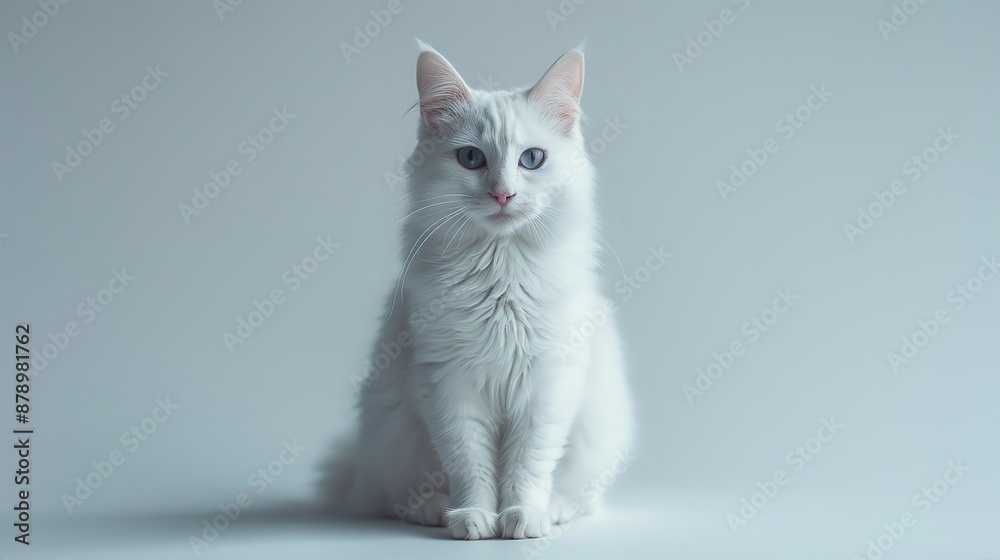 Obraz premium Graceful Turkish Angora cat with long, silky fur, large ears, and piercing blue eyes