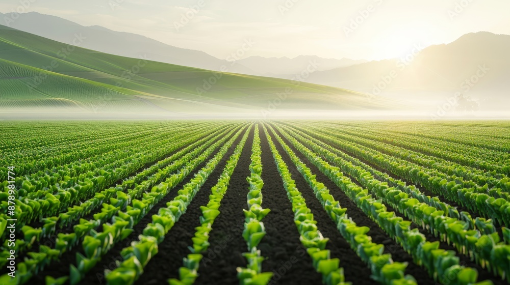 Rows of lush green crops on a farm at dawn with misty hills in the background, illustrating the beauty of agricultural landscapes.