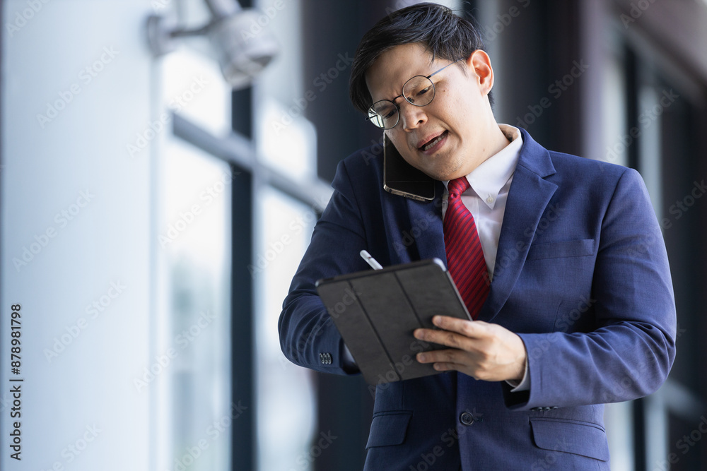 Middle-aged Asian businessman rushing with work on his way to office. Male HR officer uses tablet and hurry to find information about employees in corporate. Man manager working on tablet. Middle-aged Asian businessman rushing with work on his way to office. Male HR officer uses tablet and hurry to find information about employees in corporate. Man manager working on tablet.