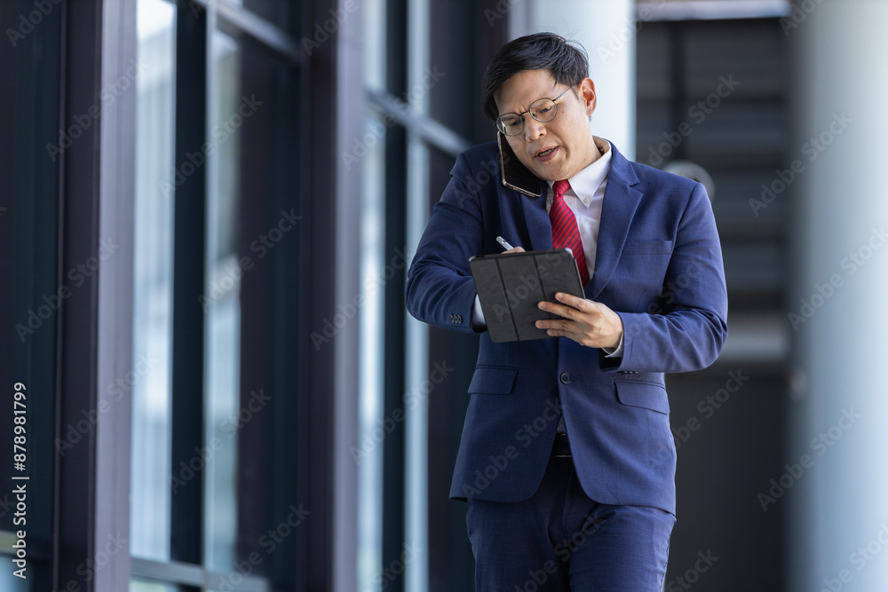 Fototapeta premium Middle-aged Asian businessman rushing with work on his way to office. Male HR officer uses tablet and hurry to find information about employees in corporate. Man manager working on tablet.