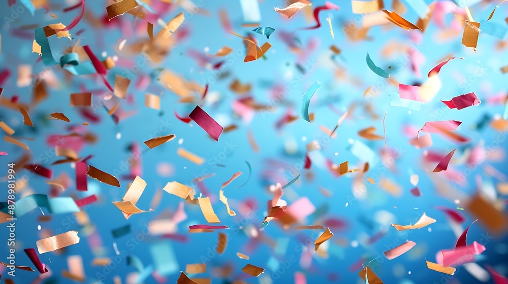 Festive confetti falling on a blurred blue background, perfect for party concepts with ample space for text. Festive confetti falling on a blurred blue background, perfect for party concepts with ample space for text.