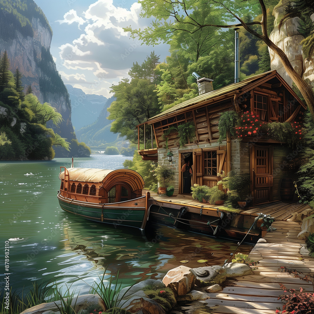 Obraz premium Serene Living on the Water: A Houseboat Docked at a Peaceful Riverfront