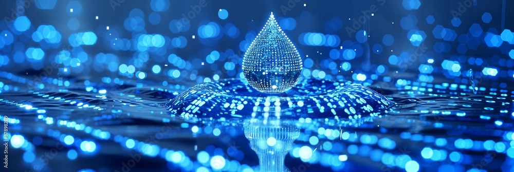 digital blue water drop icon with binary code, artificial intelligence in water resource management, hydrology modeling, environmental monitoring, analysis for sustainable conservation efforts