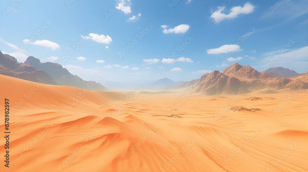 Vast, Sandy Desert Landscape with Mountain Range in Distance. Vast, Sandy Desert Landscape with Mountain Range in Distance.