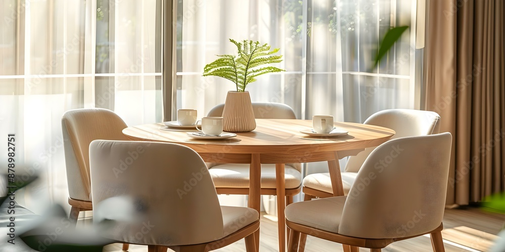 Fototapeta premium Japandi dining room design with beige chairs and round wooden table. Concept Interior Design, Japandi Style, Dining Room Decor, Beige Chairs, Round Wooden Table