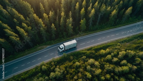 Container Truck with Cargo Trailer Drives on High way the Road aroud mountain forest. Green Cargo Truck on the road in green forest. Concept ecological green . photo