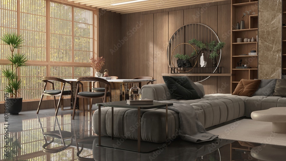 Fototapeta premium Oriental, luxury wood panelling living room and dining room with brown wooden dining table and chair, sofa in sunlight from shoji window for interior design decoration, product background 3D