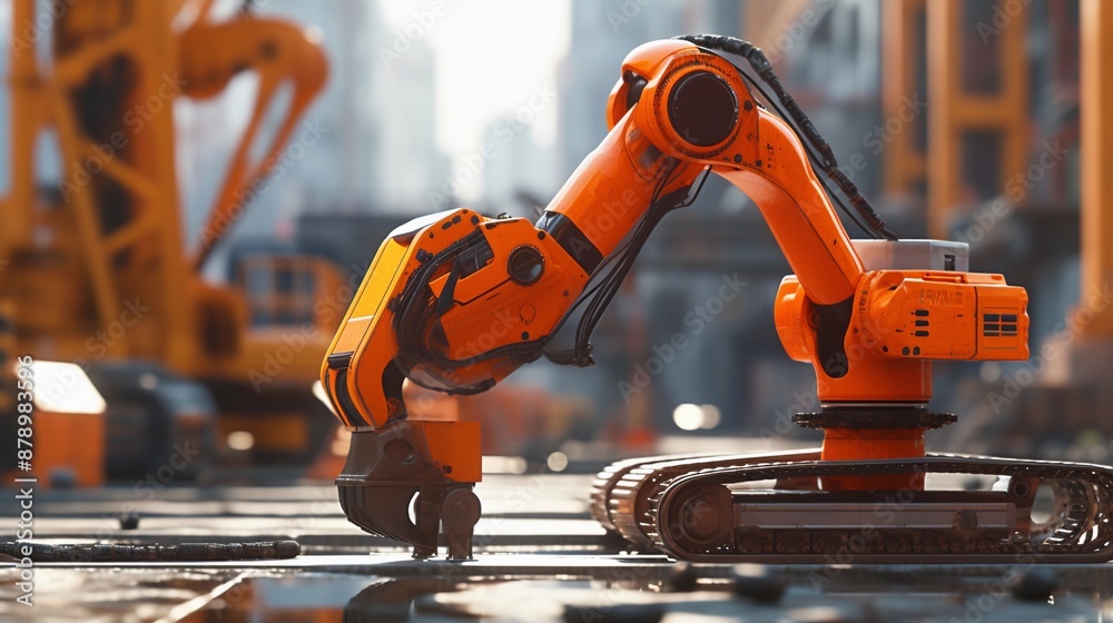Orange Robotic Arm on a Construction Site. Orange Robotic Arm on a Construction Site.