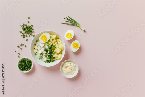 Still life photo featuring diced boiled potatoes, hard-boiled eggs, Greek yogurt, Dijon mustard, and chopped green onions with a clean, minimal pastel color palette. Clean composition. Negative space.