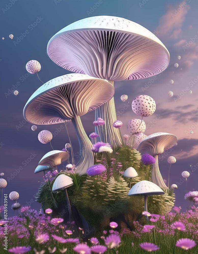 Fantasy landscape with mushrooms and purple flowers. 3D illustration. Fantasy landscape with mushrooms and purple flowers. 3D illustration.