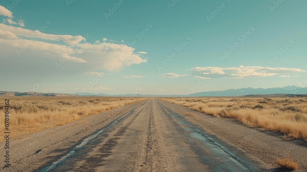 Fototapeta premium A road in the middle of nowhere, surrounded by nothing but open plains and a vast, endless sky, evoking a sense of freedom.
