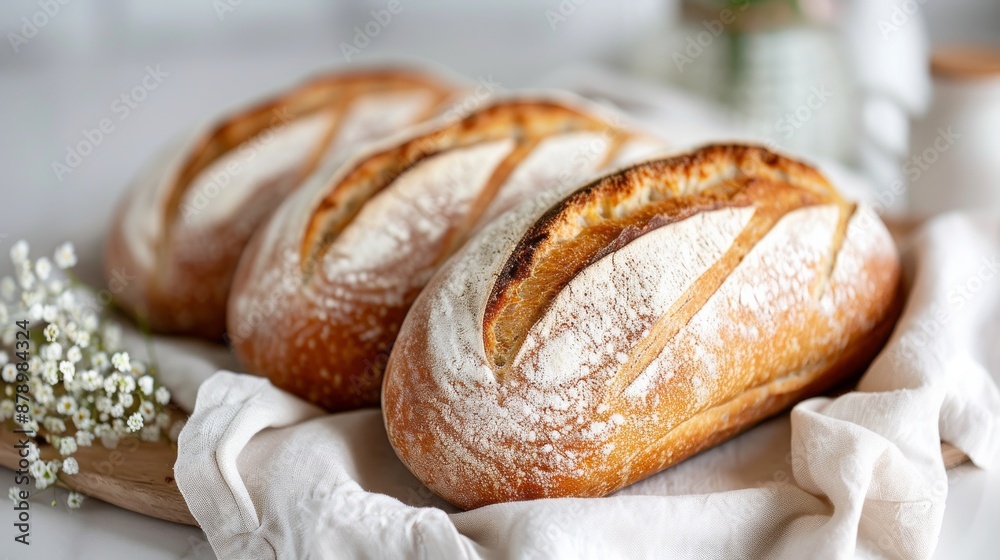 Three freshly baked artisanal bread loaves placed together on a soft white cloth, surrounded by delicate flowers. Three freshly baked artisanal bread loaves placed together on a soft white cloth, surrounded by delicate flowers.