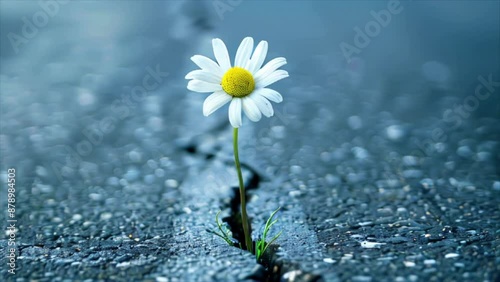 Daisy growing through a crack in the asphalt. Blooming chamomile flower on the grey road. Concept of life renewal 