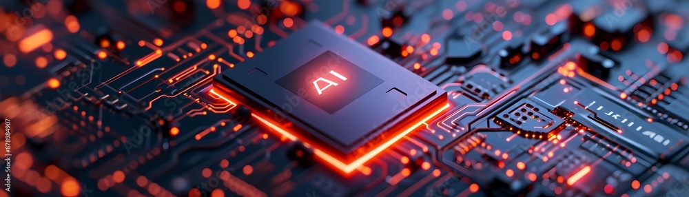 AI Processor Chip with Glowing Red Circuitry. AI Processor Chip with Glowing Red Circuitry.