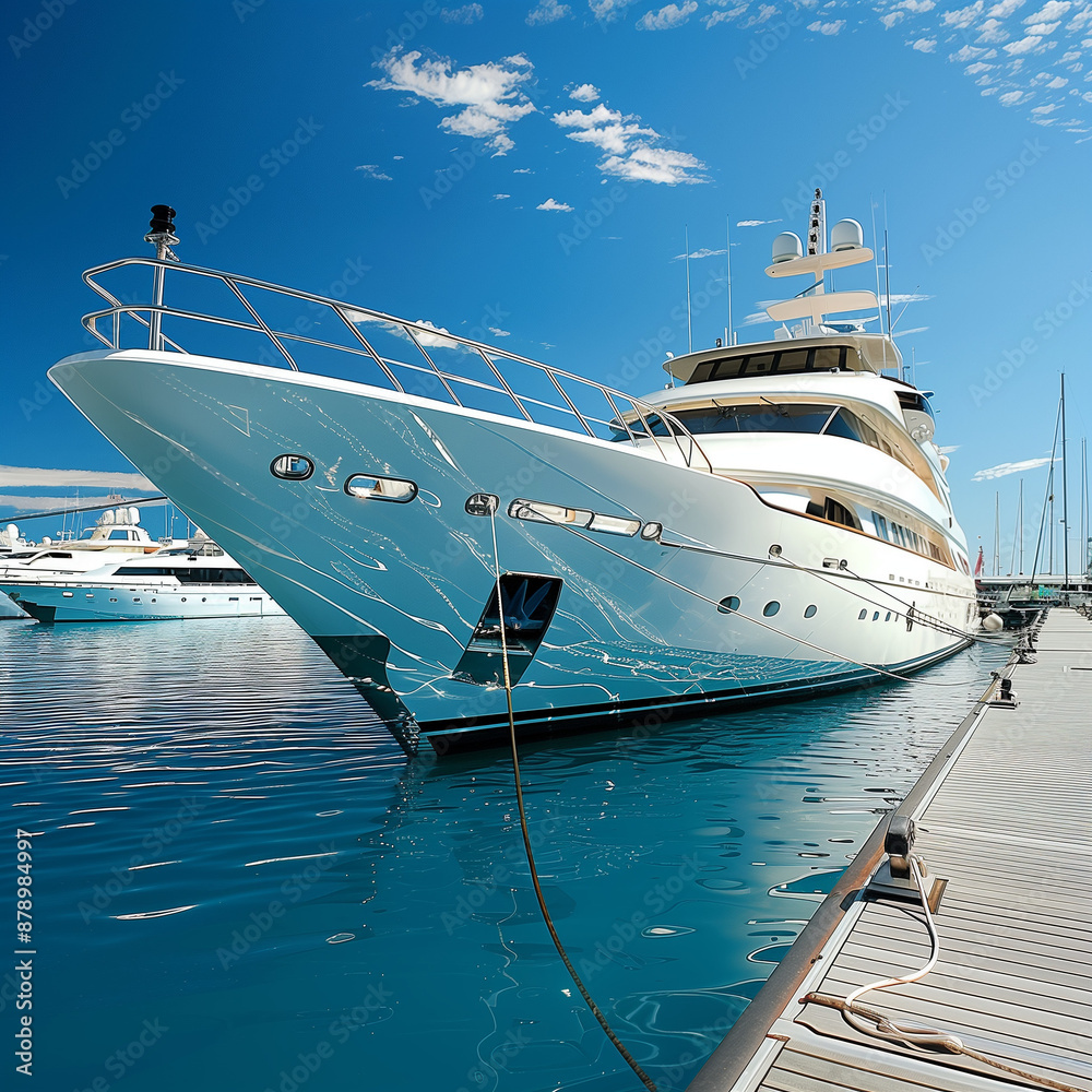 Naklejka premium Luxury at the Marina: A Motor Yacht Docked at a High-End Spot