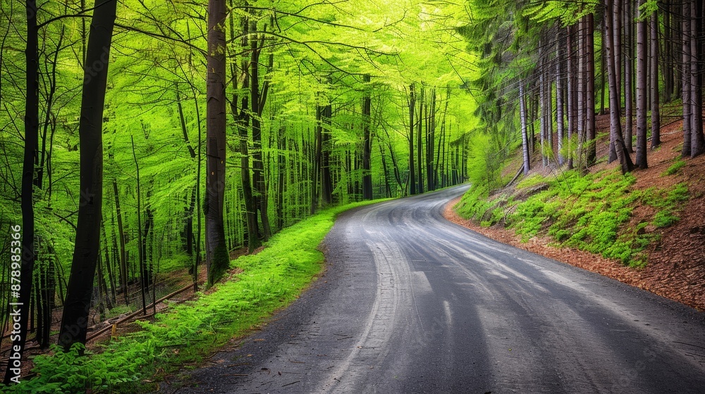 A road through a vibrant forest in spring, with fresh green leaves and blooming flowers, symbolizing new beginnings. A road through a vibrant forest in spring, with fresh green leaves and blooming flowers, symbolizing new beginnings.