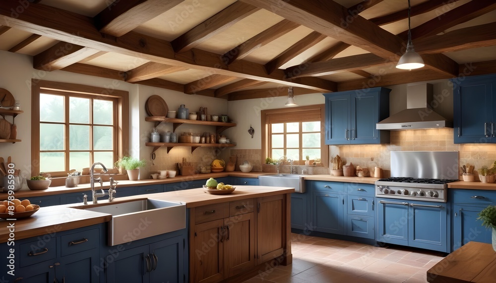 Design a rustic kitchen with wooden cabinets, exposed beams, a ...