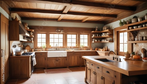 Design a rustic kitchen with wooden cabinets, exposed beams, a farmhouse sink, and vintage-inspired appliances Generative Ai