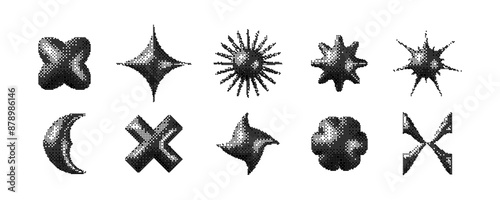 Pixelated 3d Y2K shapes set. Bitmap stars, flowers, sparkles element collection. Retro 8 bit sticker forms for posters, banners, collage, graphic design, tattoo. Vector dither geometric pack