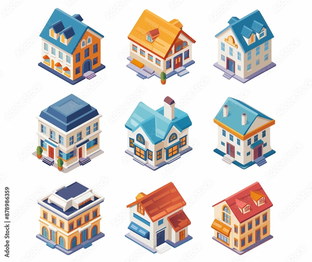 Isometric House Illustrations - Colorful Residential Building Collection - Perfect for Real Estate and Design Projects.