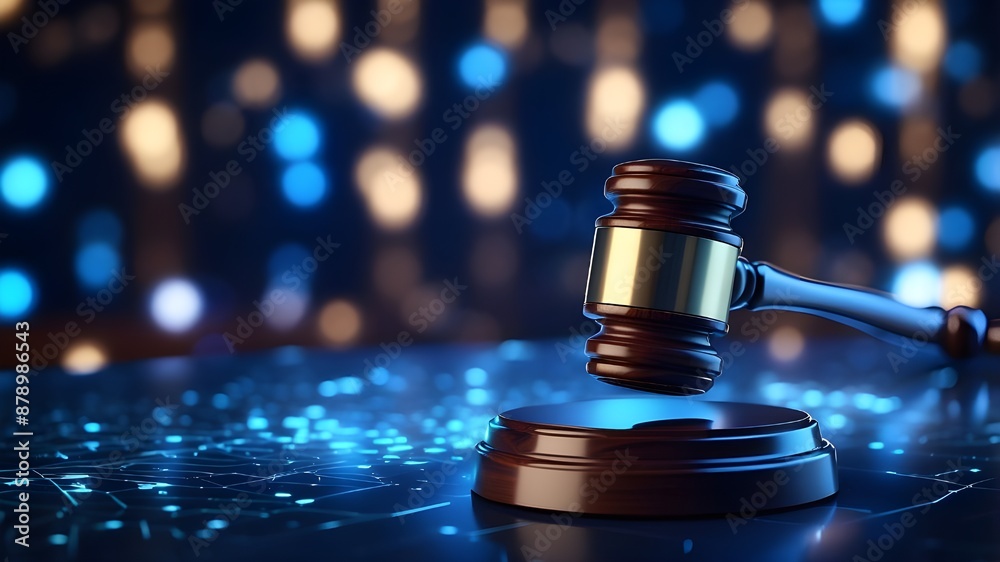 high-tech blue A digital gavel encircled by digital data on a blue Bokeh background, symbolizing the function of artificial intelligence in business justice. judge Hammer. high-tech blue A digital gavel encircled by digital data on a blue Bokeh background, symbolizing the function of artificial intelligence in business justice. judge Hammer.