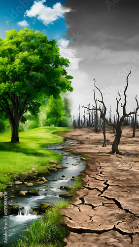 A stunning split view landscape painting, showcasing the contrast between life and desolation. Generative AI