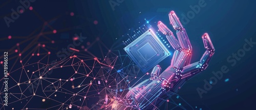 Abstract digital semiconductor hologram in technology hand. Humanoid hand holding computer chip. AI innovation concept. Tech bg. Artificial Intelligence Science background.
