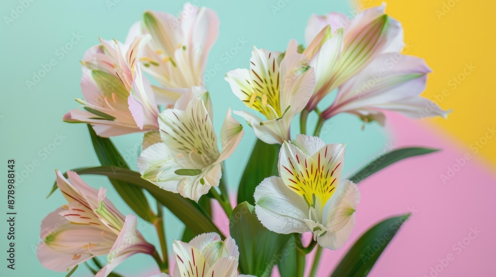 Fototapeta premium Close up white alstroemeria flower bouquet on colorful backdrop