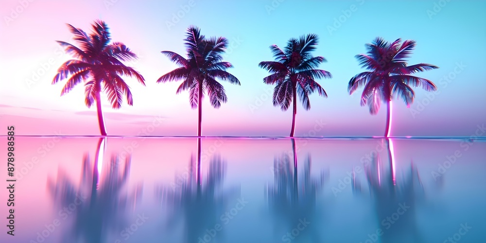 Naklejka premium Retrofuturistic beachscape with palm trees embodying 80s90s cyberpunk aesthetic. Concept retro futurism, beachscape, 80s, 90s, cyberpunk