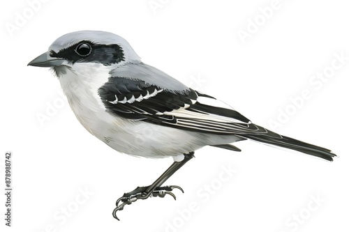 Loggerhead Shrike, a small North American predator of the loggerhead family, uses its curved, hawk-like bill to peck at the back of the head to hunt. On a white background. Generative AI photo